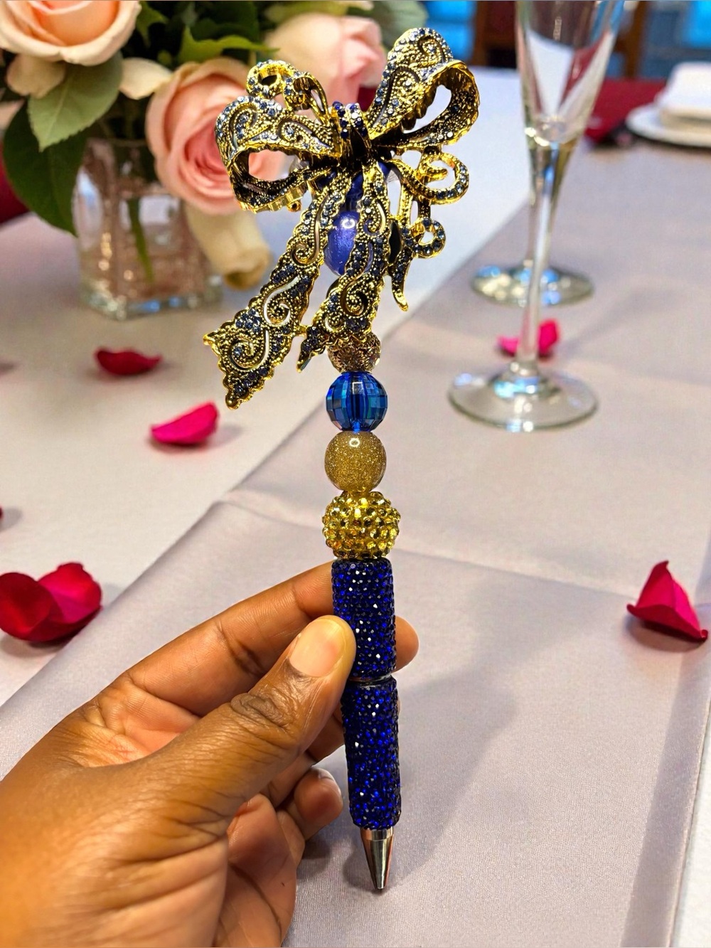 Handcrafted Blue and Gold Rhinestone Jeweled Pen with Ornate Bow Accent